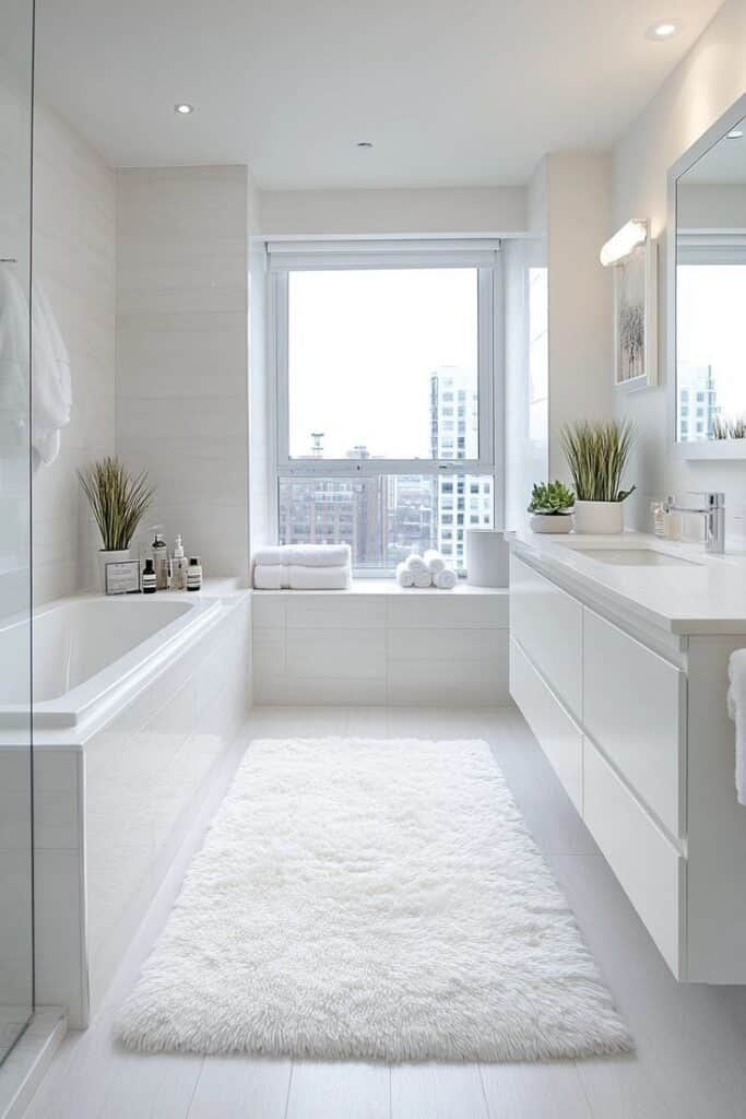 Bright modern bathroom with large window, white fixtures, and elegant decor. Relaxing spa-like atmosphere.