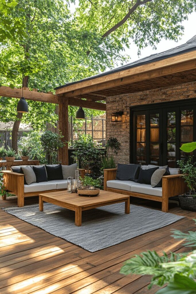 Modern outdoor patio with wooden furniture, cozy seating, and lush greenery under a wooden pergola.