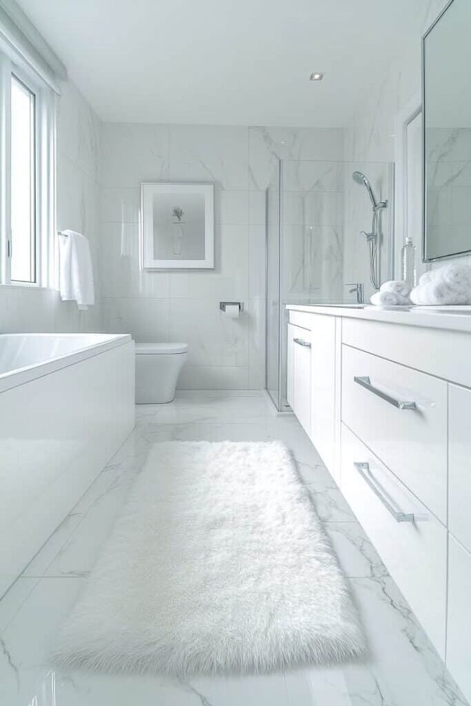 Modern white bathroom with marble tiles, fluffy rug, bathtub, and glass shower for a sleek, luxurious look.