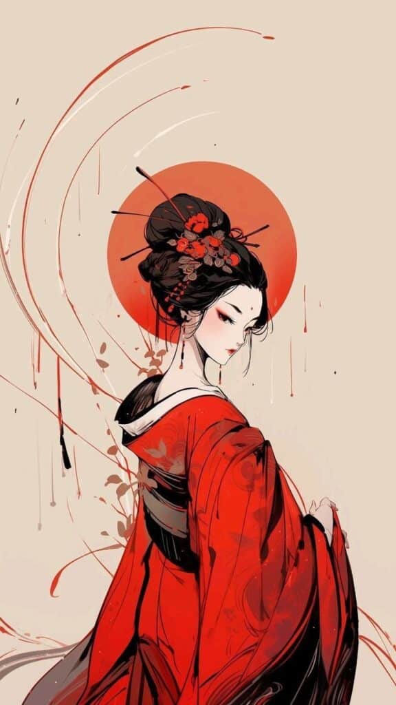 Illustration of a geisha in a red kimono, against a red sun backdrop, stylized with flowing lines and floral accents.
