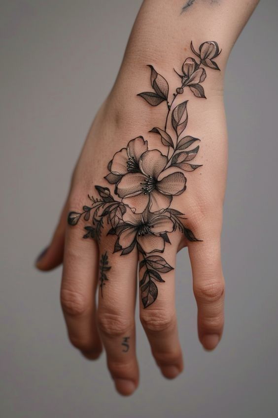 Floral hand tattoo with intricate black ink design on the back of a hand, showcasing detailed leaves and flowers.