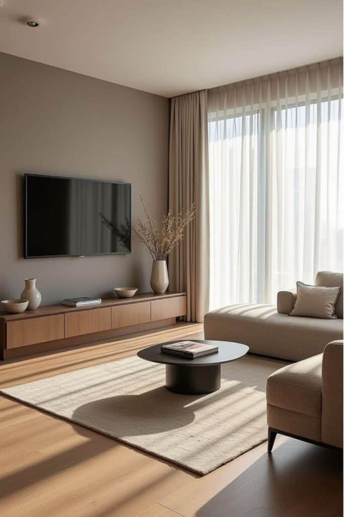 Modern living room with TV, beige sofa, wooden floor, large window, and minimalist decor.