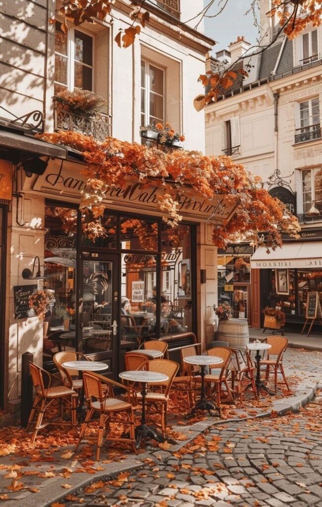 Cozy Parisian café in autumn with outdoor seating, rustic charm, and fall leaves on cobblestone street.