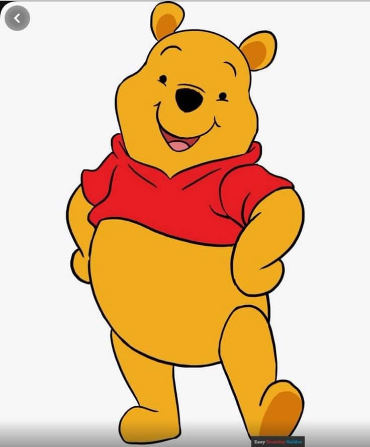 Cute cartoon bear in a red shirt smiling happily with hands on hips.