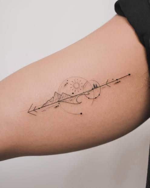 30 Of The Best Palm Tattoos Minimalist mountain and arrow tattoo on forearm with sun and moon elements, showcasing geometric line art design. | Sky Rye Design Minimalist mountain and arrow tattoo on forearm with sun and moon elements, showcasing geometric line art design.