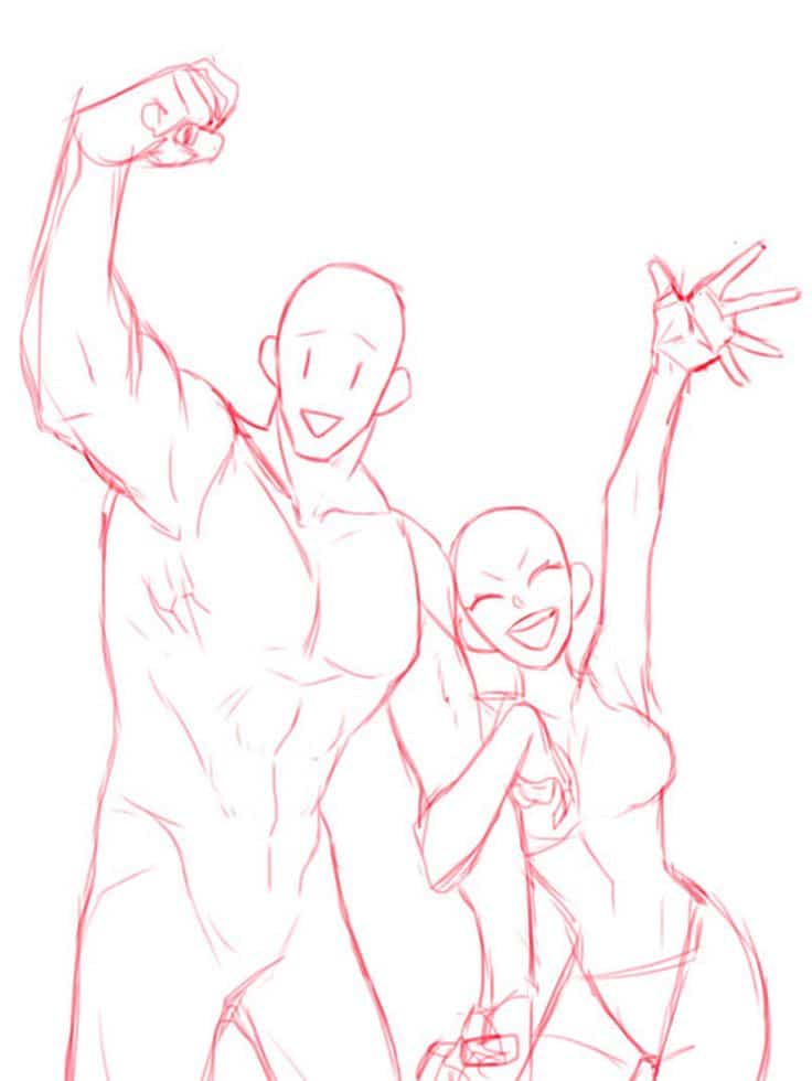 Two animated characters posing energetically with raised arms, wearing minimal clothing.