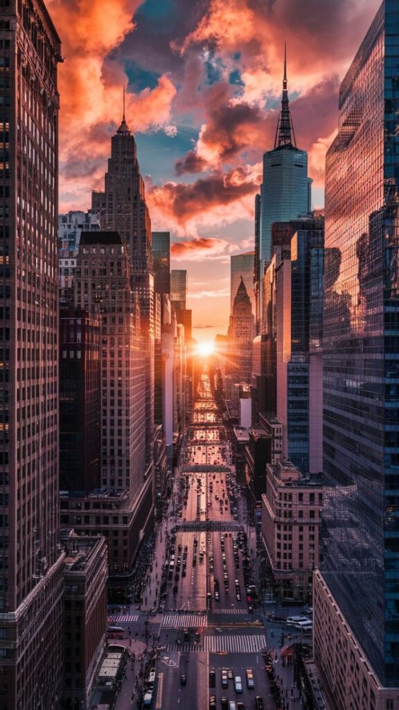 34841008e7f4d959713a22739b774f24 Cityscape at sunset with skyscrapers lining a busy street, vibrant orange clouds illuminating the urban skyline. | Sky Rye Design Cityscape at sunset with skyscrapers lining a busy street, vibrant orange clouds illuminating the urban skyline.