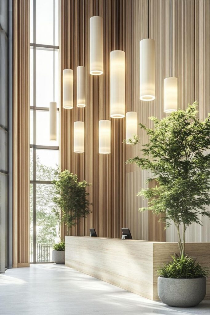 Modern lobby with tall cylindrical lights, wooden accents, and lush green plants.