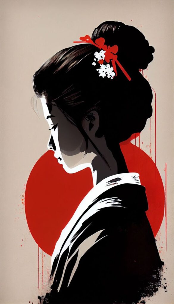 Illustration of a woman in profile with a red sun backdrop, wearing a traditional Japanese hair accessory.