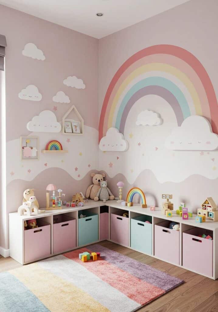 Children's room with pastel rainbow wall, cloud decorations, toys on shelves, and colorful carpet.