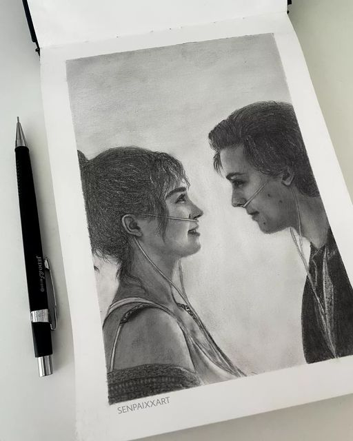 Pencil drawing of two people with earbuds facing each other, capturing a moment of connection and joy.