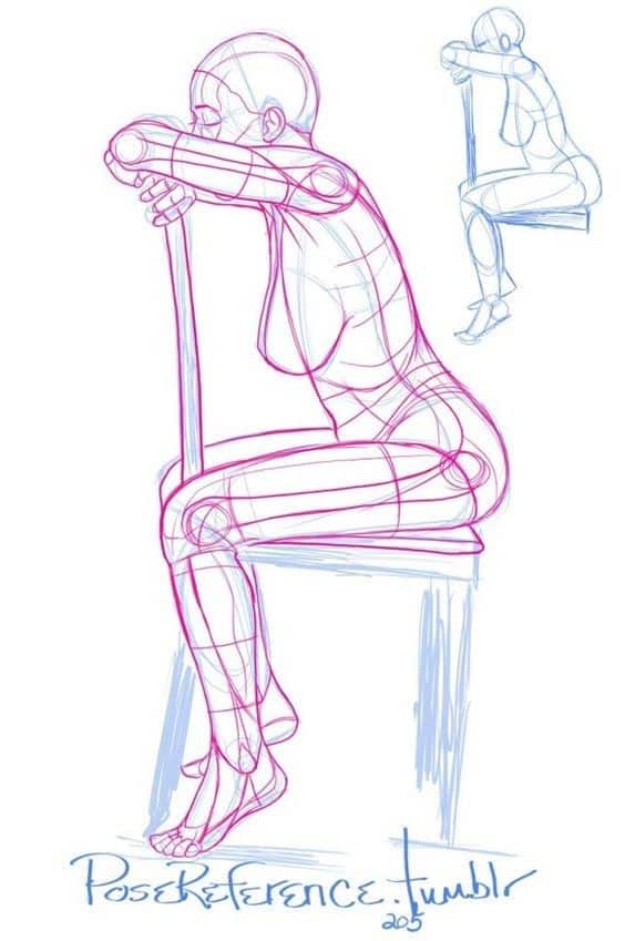 Sketch of a human figure leaning forward with hands on a vertical stick, sitting on a bench.