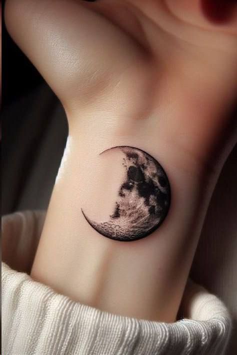 Small crescent moon tattoo on inner wrist, detailed and realistic design, enhancing personal style and self-expression.