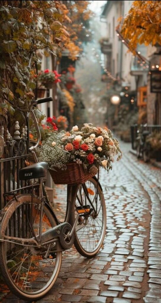 Vintage bicycle with flowers in basket on a charming cobblestone street, surrounded by autumn leaves.