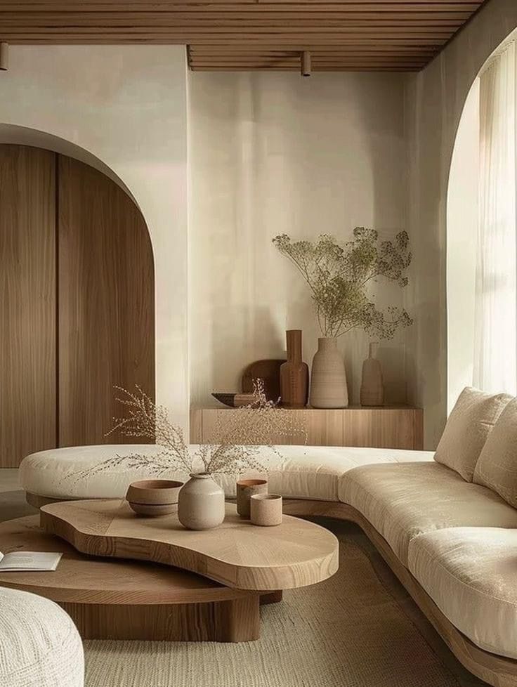 Minimalist living room with curved sofa, wooden accents, and decorative vases creating a cozy, modern ambiance.