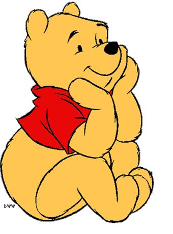 Cartoon bear wearing a red shirt sitting and smiling with a thoughtful pose.