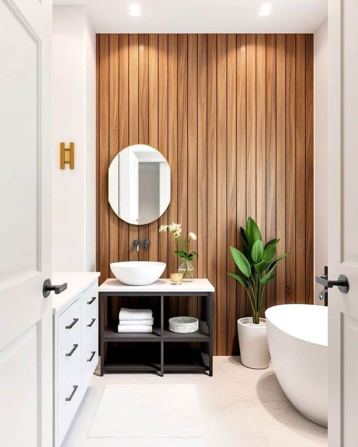 Modern bathroom with wood panel wall, round mirror, freestanding tub, and green plant for a spa-like ambiance.