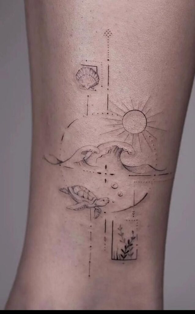 Minimalist tattoo featuring ocean waves, sun, turtle, and seashell on skin. Ocean-themed ink art design.