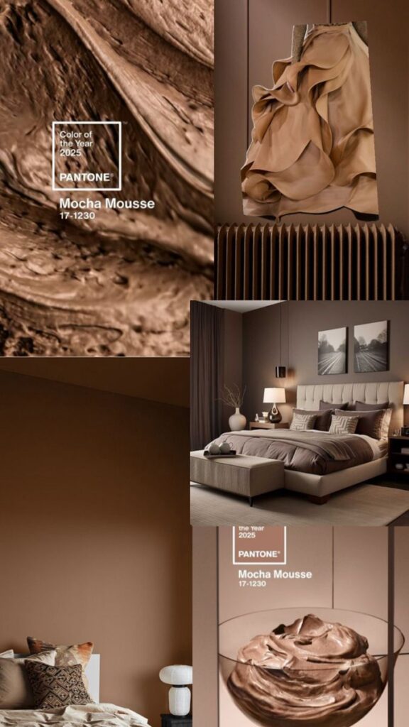 Pantone 2025 Color of the Year: Mocha Mousse 17-1230. Cozy interior inspirations with rich brown tones.