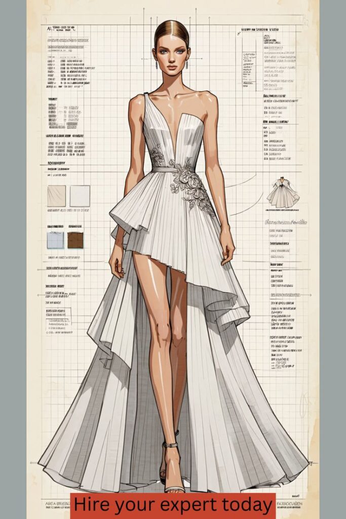Fashion illustration of an elegant white asymmetrical dress design on a sketch backdrop.