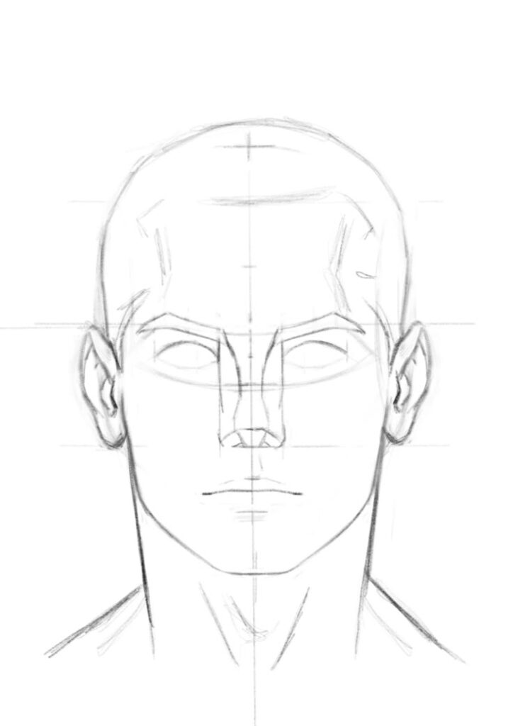 Pencil sketch of a symmetrical male face, showcasing basic facial anatomy, front view, with guidelines for drawing practice.