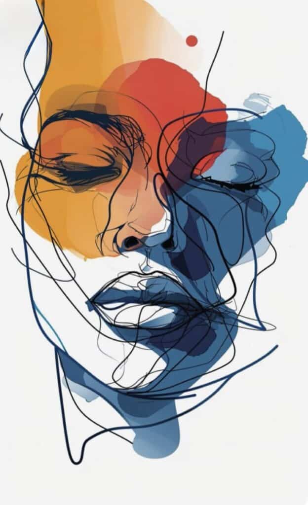 49b679ec-4789-49bc-8aeb-eae8e18c65de Abstract portrait of a face with dynamic blue, red, and orange brushstrokes on a white background. | Sky Rye Design Abstract portrait of a face with dynamic blue, red, and orange brushstrokes on a white background.