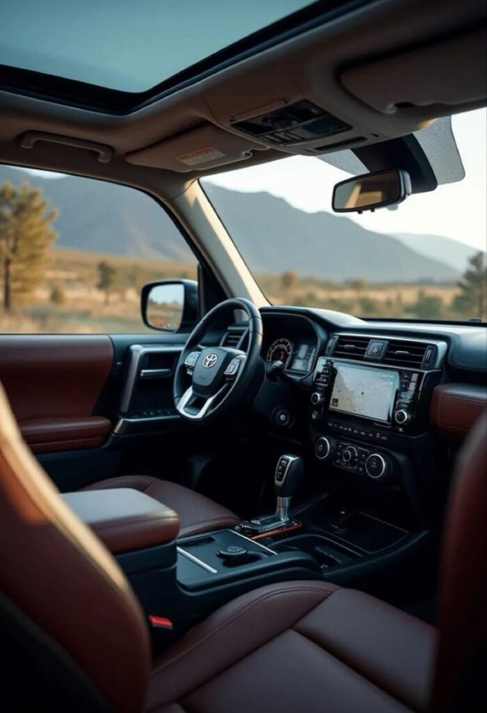 Interior view of a vehicle's cabin with a panoramic sunroof and modern dashboard in a scenic setting.