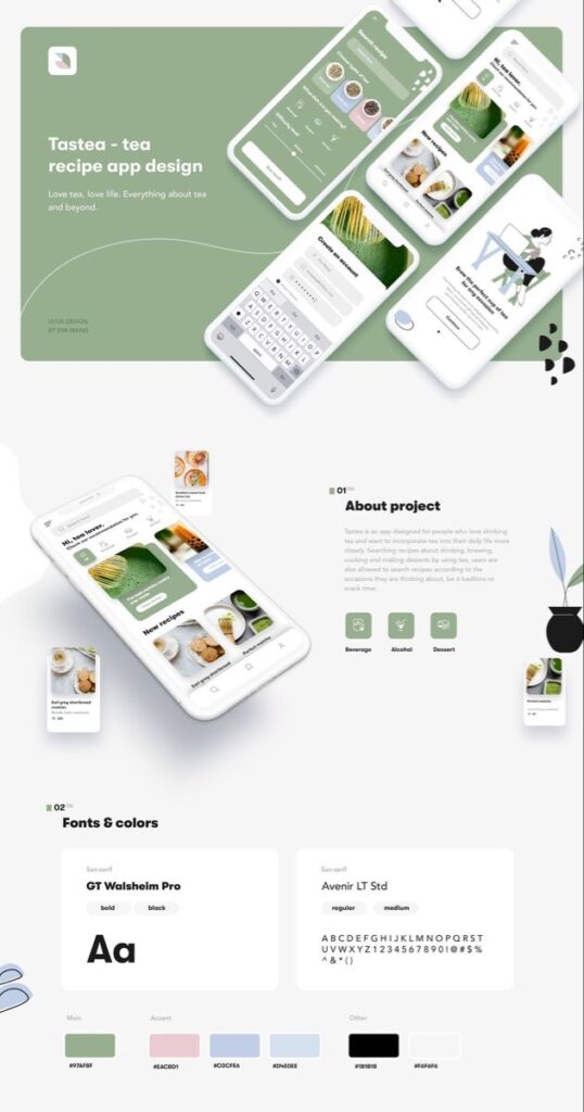 Tea recipe app interface design showcasing features and color scheme.