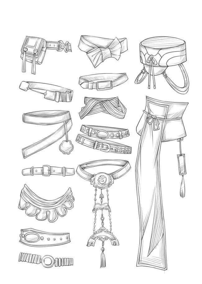 Hand-drawn fashion illustration of various belt designs with intricate details and unique styles.