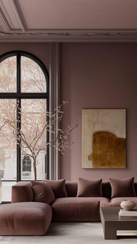Modern living room with mauve sofa, abstract art, large window, and cherry blossom branches in elegant, minimalist design.