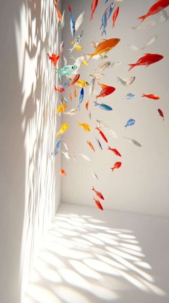 Colorful fish-shaped ornaments casting shadows on a white wall, creating an artistic, serene, and vibrant display.