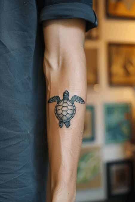 Forearm turtle tattoo in black ink, detailed design with geometric shell, against blurred art gallery background.