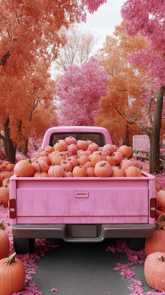 Pink truck filled with pumpkins in a vibrant autumn forest with pink and orange trees.