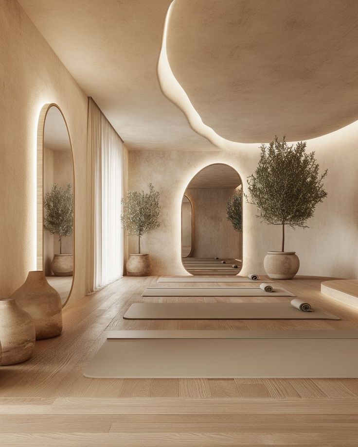 Serene minimalist yoga studio with natural lighting, earthy tones, yoga mats, and olive trees for a calming atmosphere.