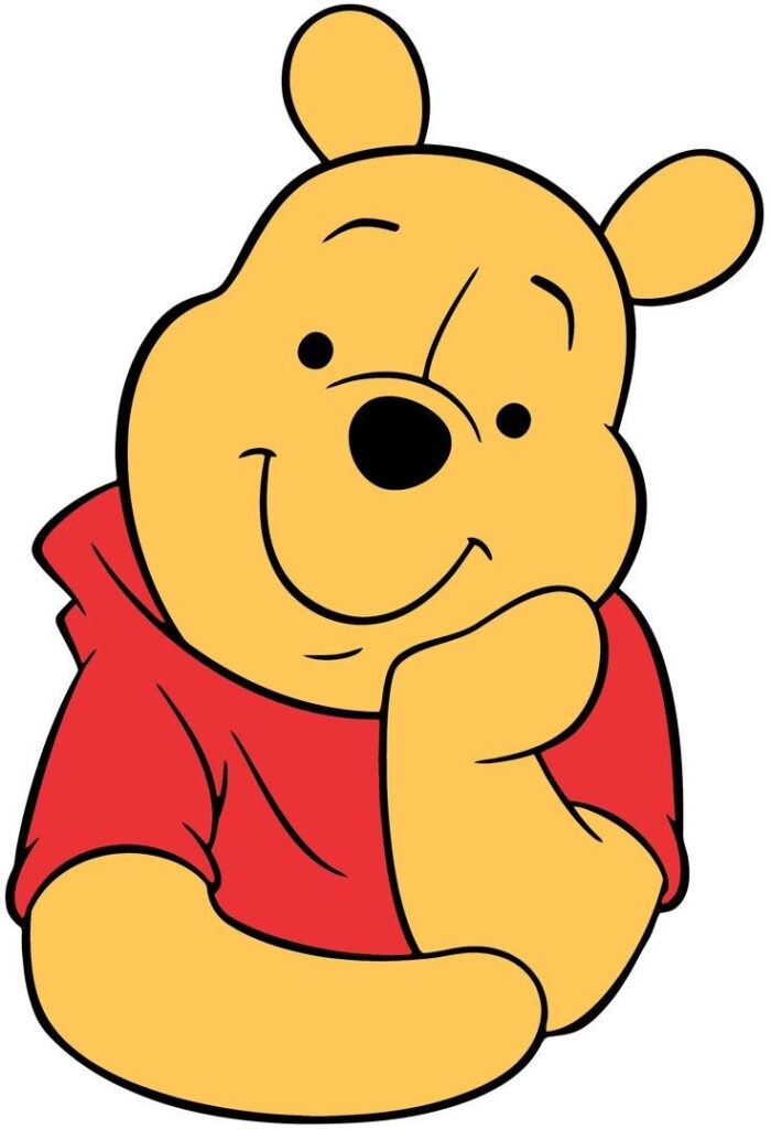 Cartoon bear in a red shirt resting its head on its hand, smiling thoughtfully.