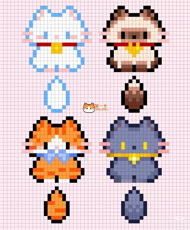 Pixel art of four colorful cats on a pink grid background, each with unique colors and accessories.