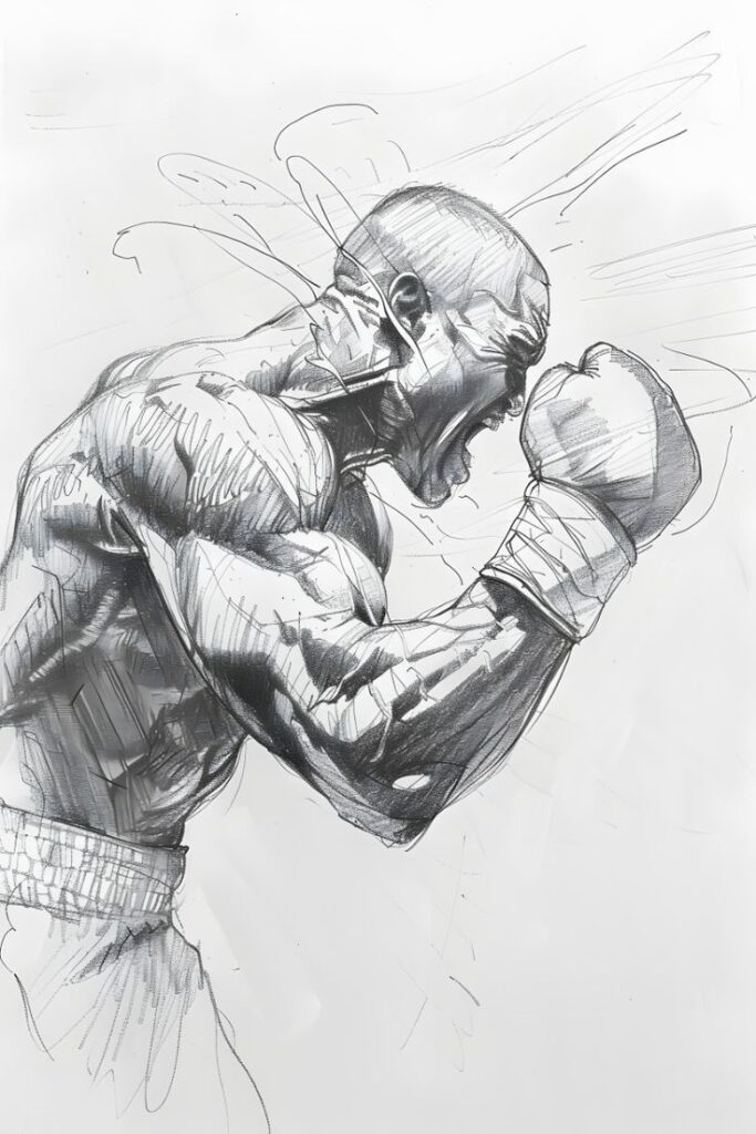 Dynamic sketch of a boxer mid-punch, showcasing strength and motion with detailed shading and expressive lines.