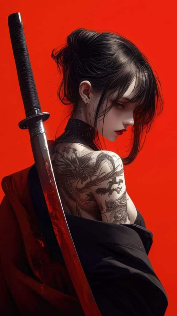 Anime-style warrior with dragon tattoo, dark hair, and katana on red backdrop, exuding mystery and strength.