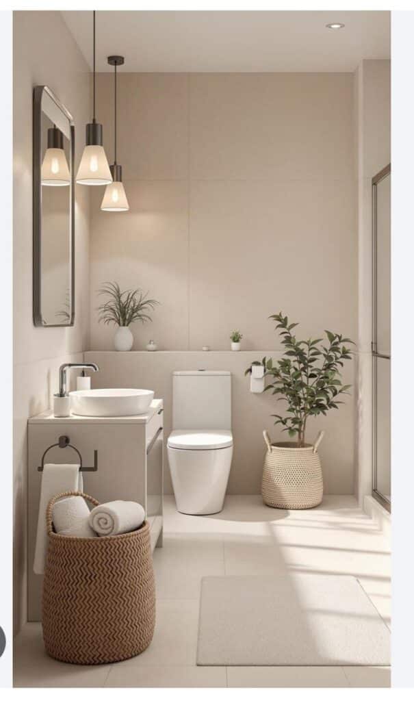 Modern beige bathroom with plants, pendant lights, sink, toilet, and woven baskets for a serene, minimalist look.