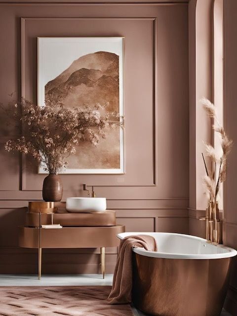 Luxurious rose-colored bathroom with freestanding tub, art, and elegant floral arrangements, creating a serene ambiance.