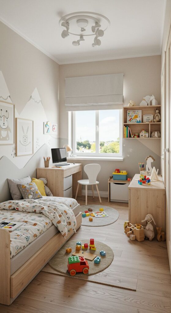 Cozy children's room with wooden furniture, colorful toys, and playful decor. Ideal for a bright, inviting space.