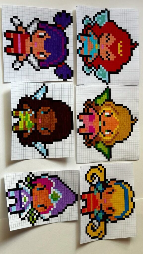 Pixel art characters on grid paper featuring colorful designs and video game style aesthetics.