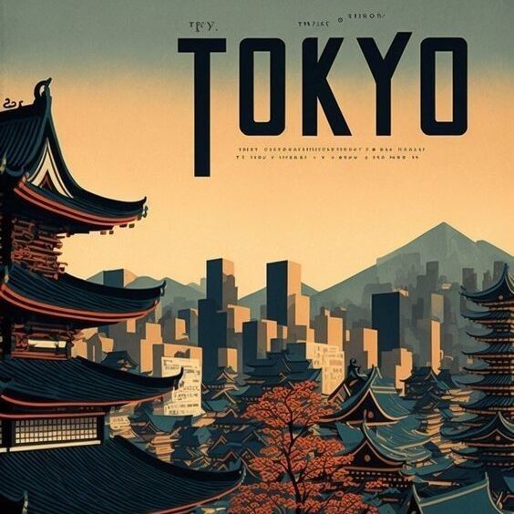 Illustrated Tokyo cityscape featuring traditional temples and modern skyline at sunset.