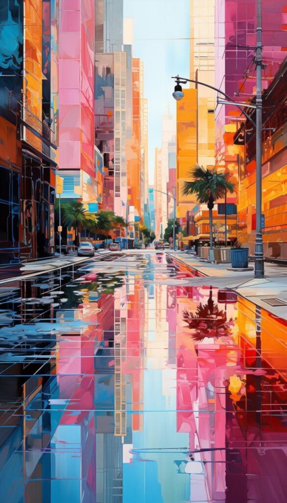 Colorful cityscape reflection in urban street with vibrant buildings and palm trees under blue sky.