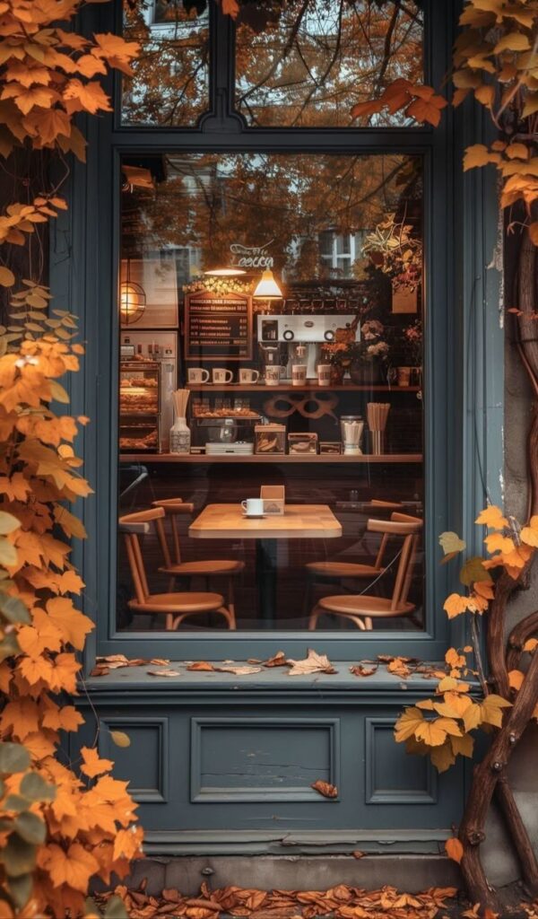 Cozy café window with autumn leaves, inviting interior, and warm ambiance. Perfect spot for a coffee break.