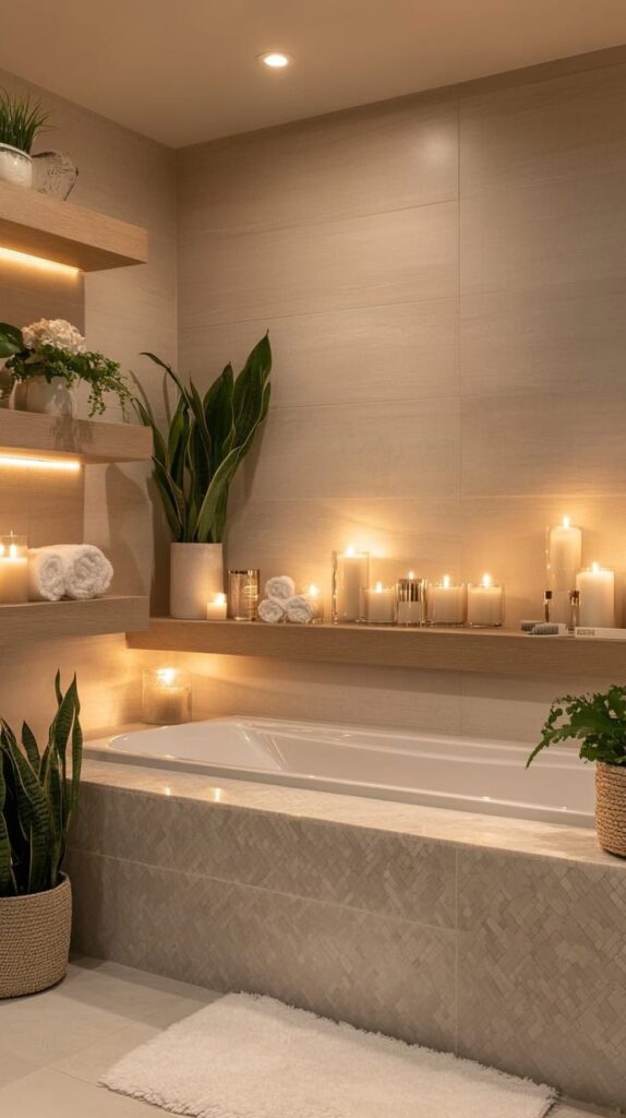 Luxurious spa-like bathroom with candles, plants, and warm lighting, creating a serene and relaxing atmosphere.