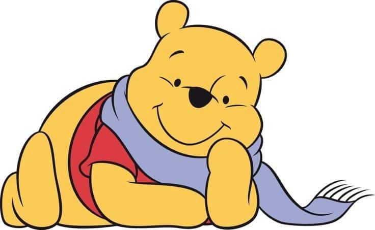 Cheerful bear with a red shirt and a blue scarf lounging comfortably, smiling contently.