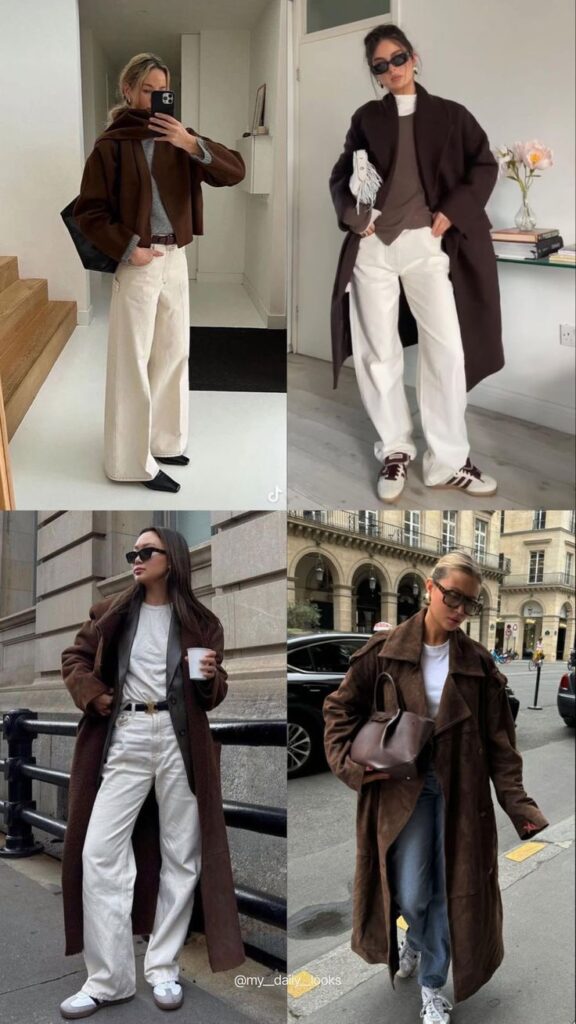 Chic women in brown coats and white pants display stylish city fashion in different settings.