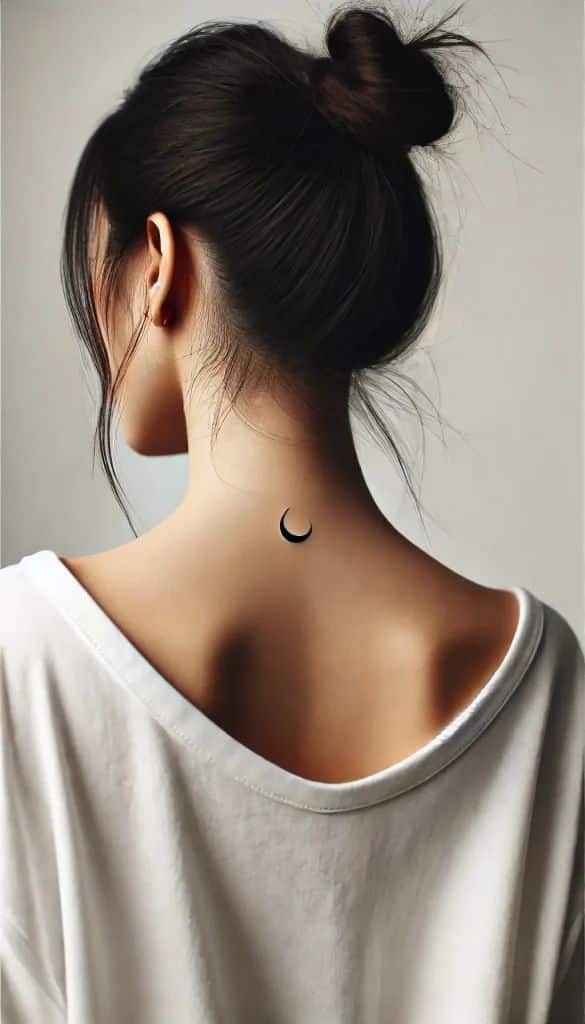 Woman with a crescent moon tattoo on her neck, hair in a bun, wearing a white shirt.