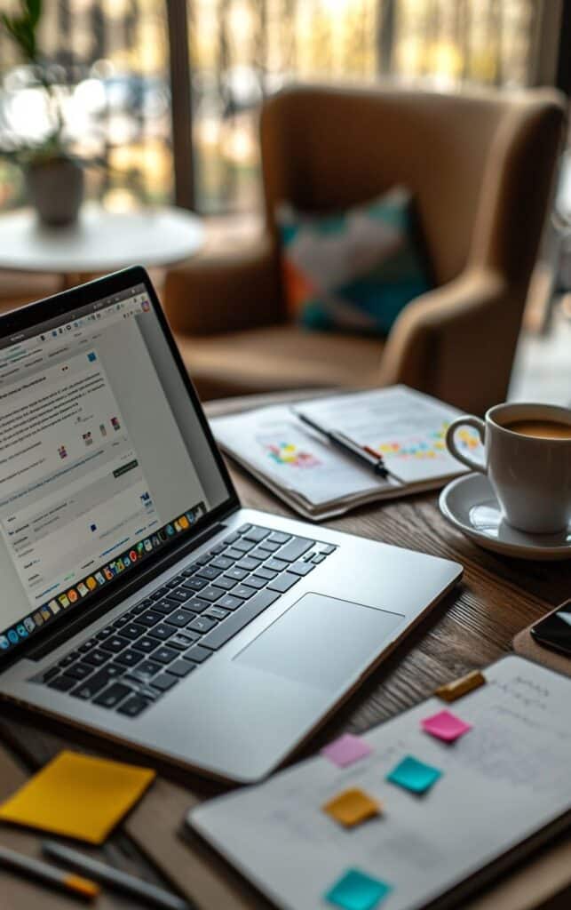 Open laptop on a wooden table with notes, a pen, and a coffee cup in a cozy office setting.
